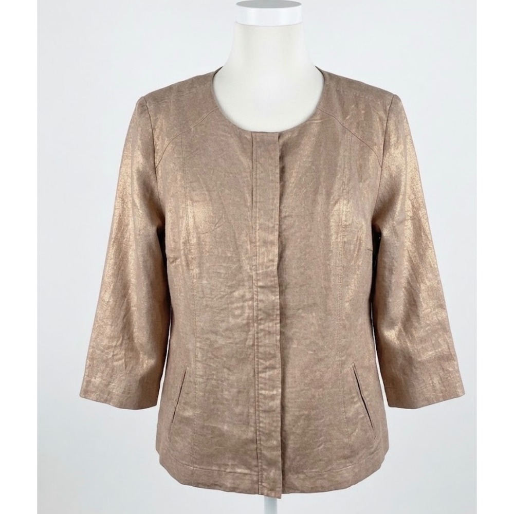 Chicos Metallic Rose Gold Y2K Shimmer Linen Zip Front Jacket Size 3 16/18